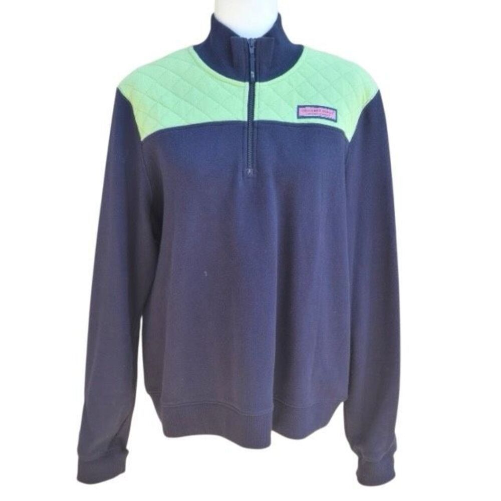 Vineyard Vine Navy Green Quilted Sweatshirt Women Size X Large Pullover 1/4 Zip